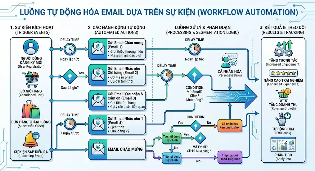 Sơ đồ quy trình tự động hóa nội dung động trong email marketing